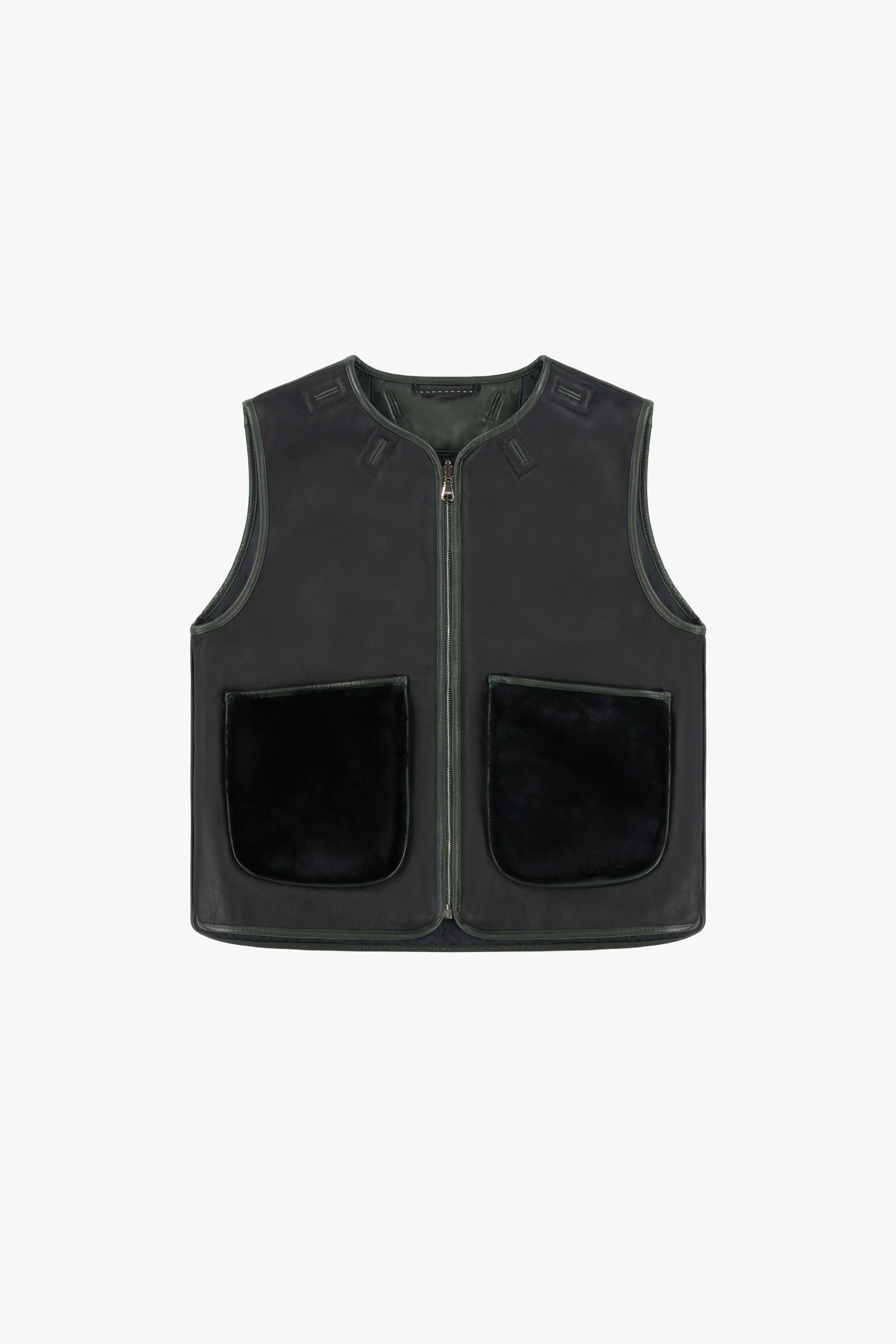 Cropped Aviator Shearling Vest - Black / Black